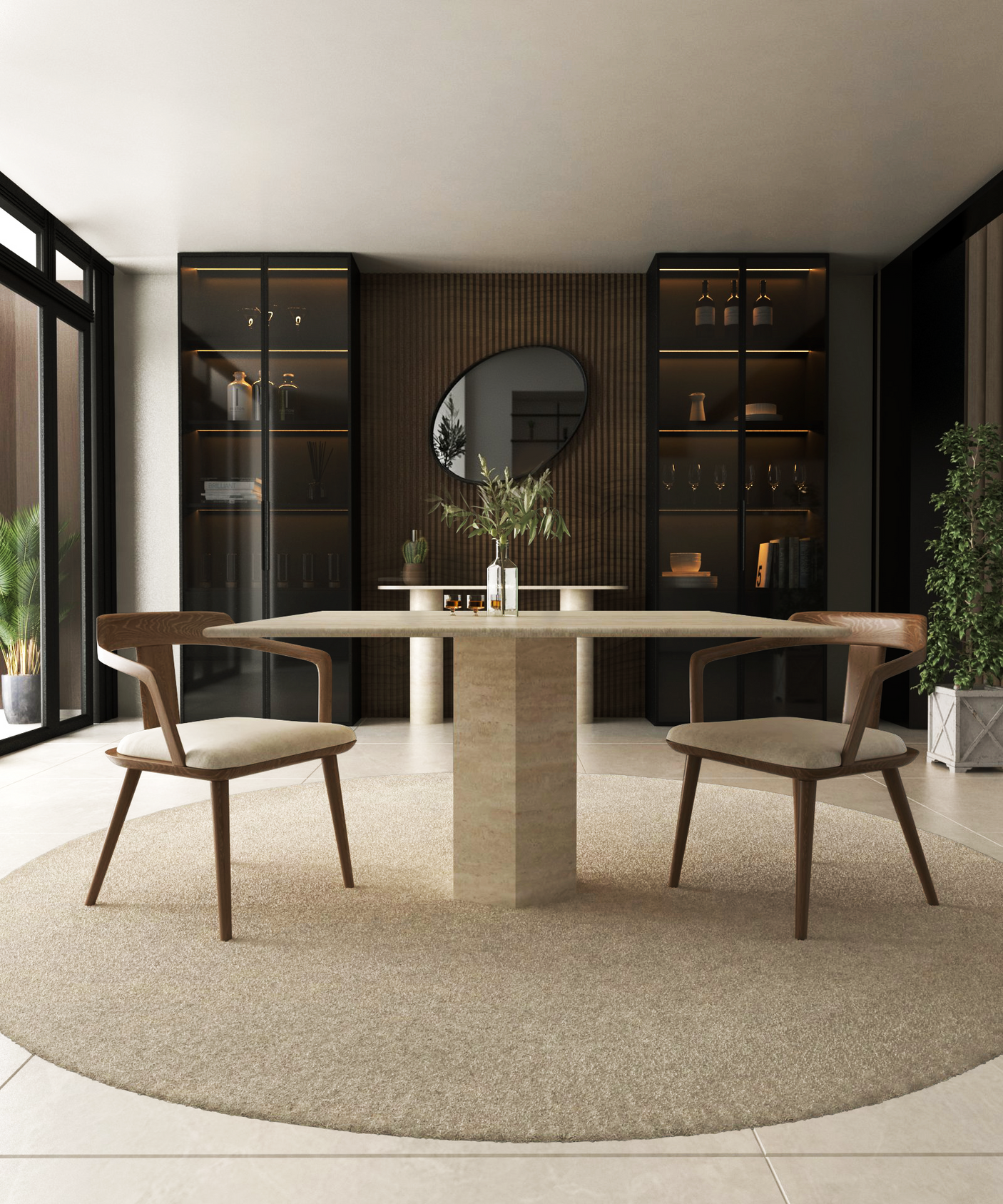 Minimal neutral-toned dining room featuring TRAVERTABLE’s Square Travertine Dining Table with a hexagonal center base, two wooden chairs, a circular rug, glass shelves, a round mirror on the back wall, and plants by large windows.