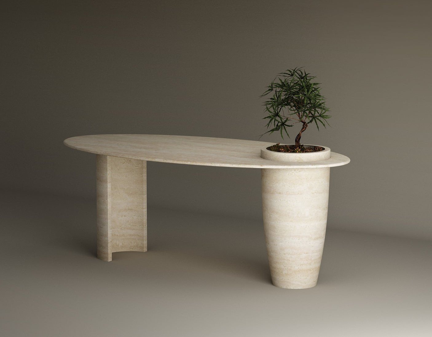 Versatile Travertine Office and Dining Table with Built-in Vase