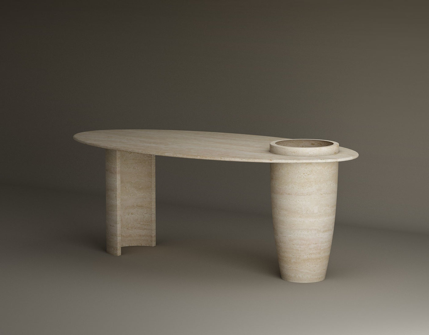 Versatile Travertine Office and Dining Table with Built-in Vase