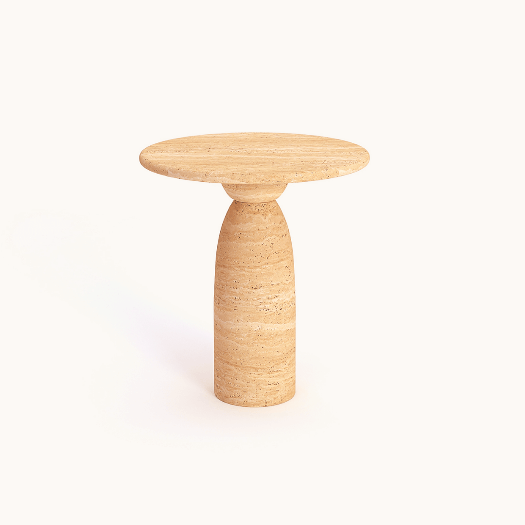 A round wooden table with a smooth, light brown finish and circular top on a cone-shaped base mirrors the elegance of Travertables Modern Minimalist Travertine Side Table—Sleek Stone Accent for Sophisticated Interiors—set against a pristine white background.