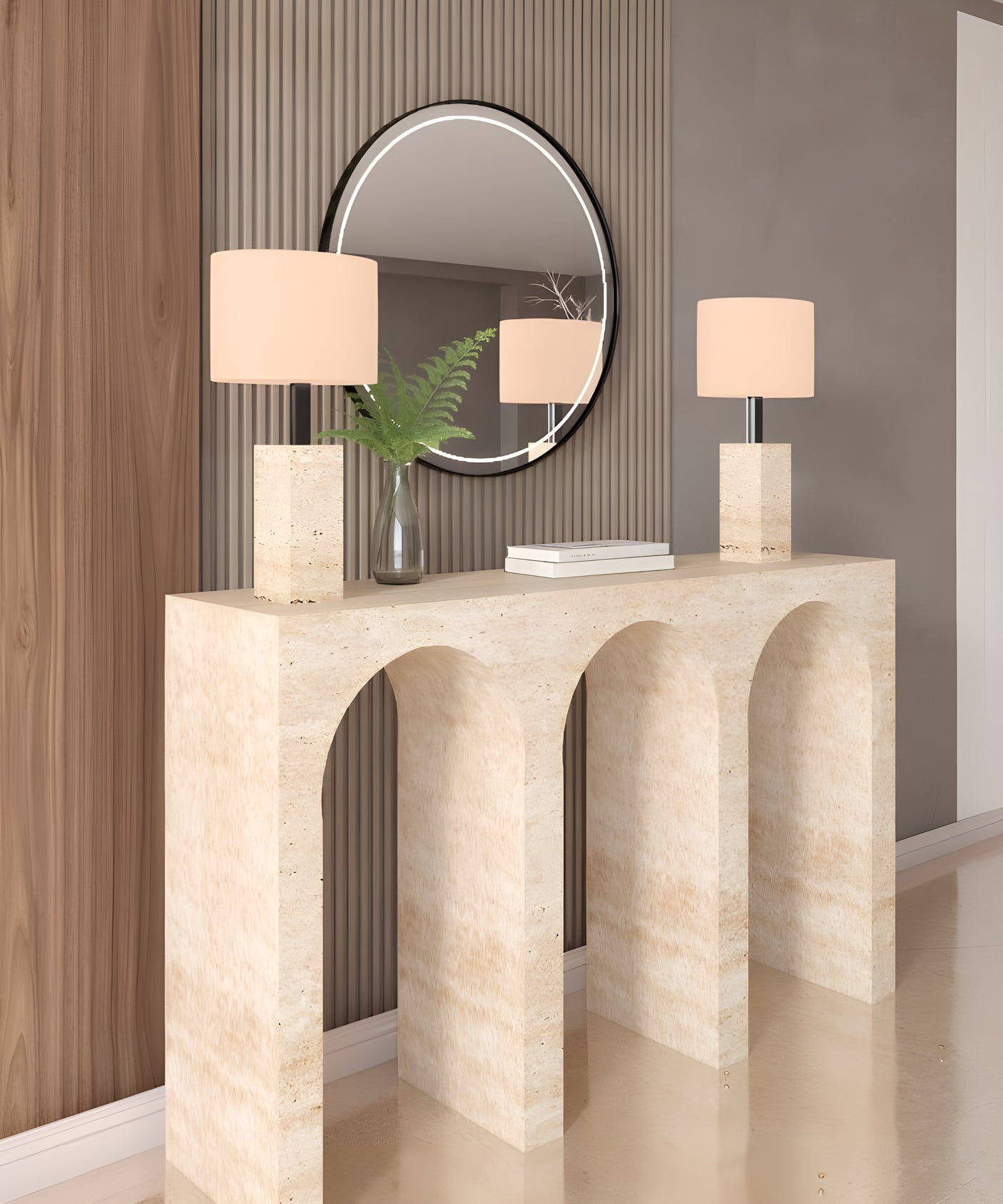 Travertine Console Table with Three Arches – Contemporary Organic Form
