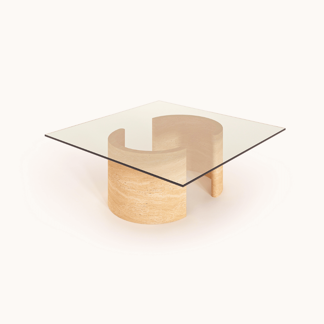 Discover natural beauty with the Travertable Stone Horizon Travertine Coffee Table. This hand-sculpted piece blends art and function, featuring a square glass top and a light wood base. Its wave-like structure showcases expert craftsmanship, perfect against a plain white backdrop for modern interiors.