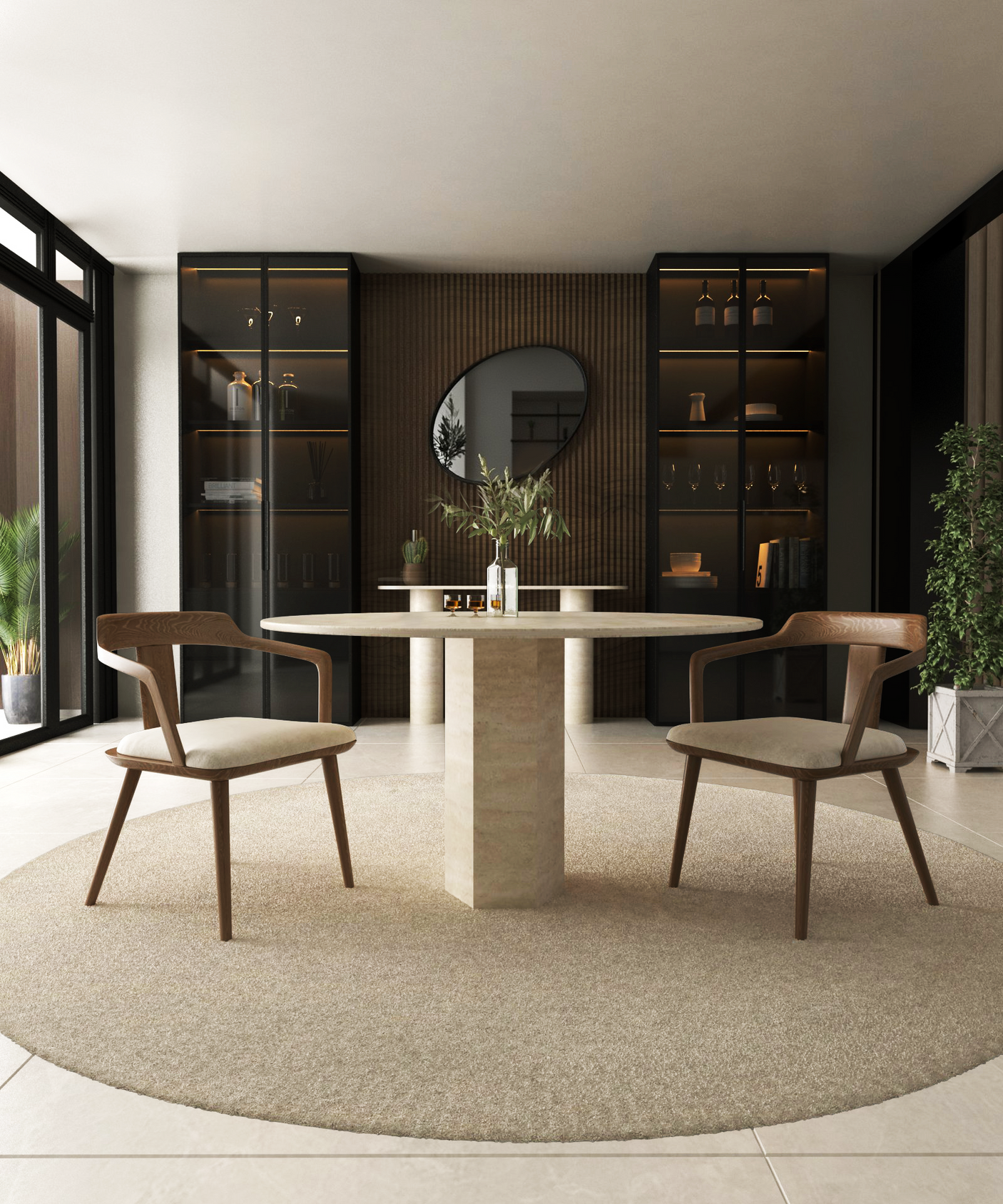 A modern dining area features the TRAVERTABLE Oval Travertine Dining Table with Hexagonal Center Base, paired with wooden chairs on a circular rug, complemented by glass cabinets, a round mirror, and plants for an elegant touch.