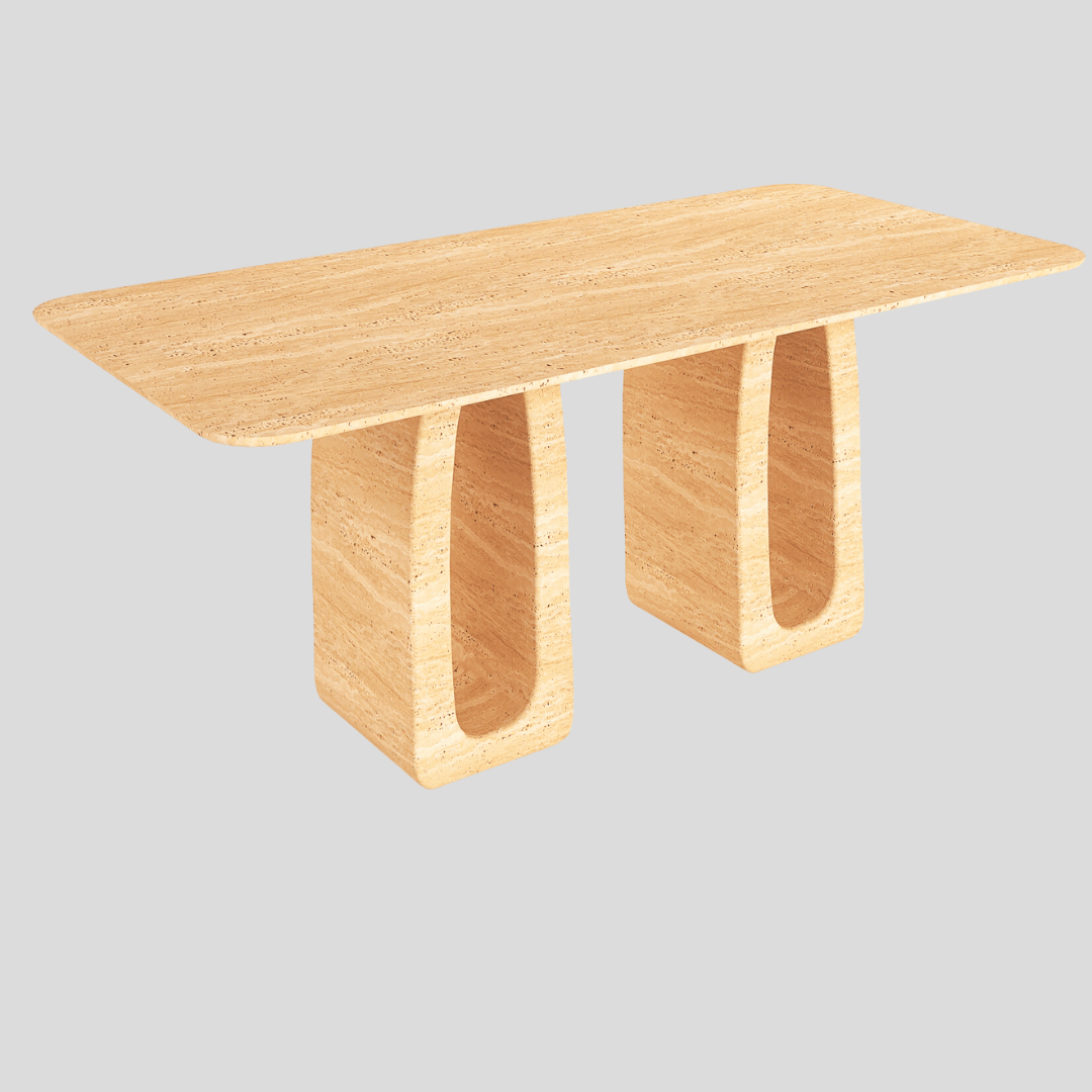 The Arcadia Travertine Dining Table by Travertable is a modern rectangular wooden piece with a smooth surface and two uniquely-shaped hollow legs per side, set against a plain gray background. It features a light, natural wood finish reminiscent of travertine dining tables.
