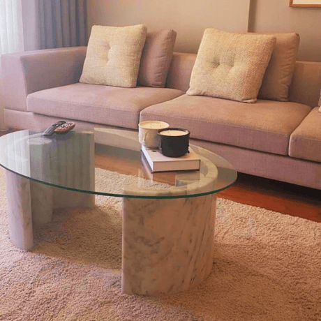 Angled perspective of Travertine and Glass Coffee Table highlighting the fusion of travertine stone and glass elements