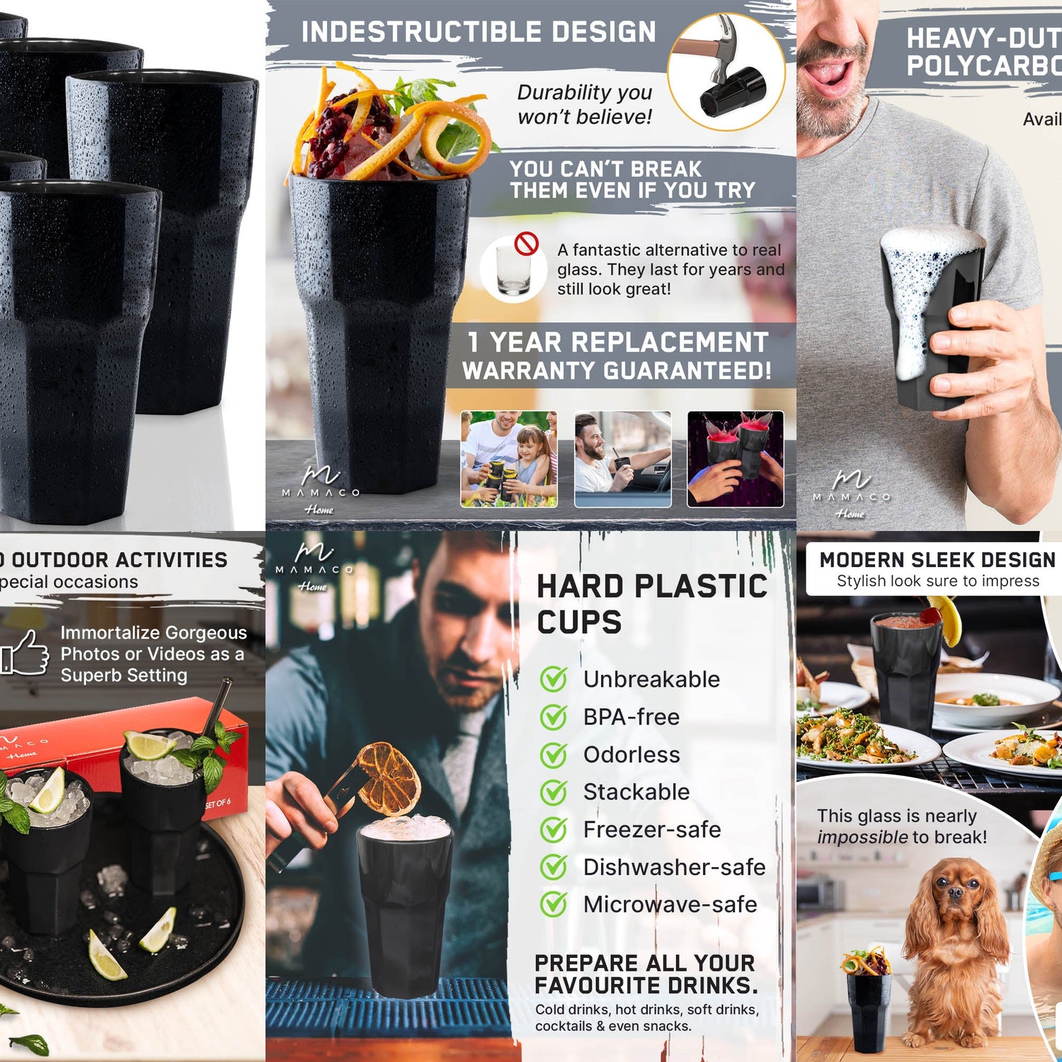 Collage featuring Mamaco Homes unbreakable polycarbonate glasses, known for their indestructible nature, modern design, and BPA-free material. Includes images of these 11 oz black drinking glasses in various settings and an optional gift box. Comes with a 1-year replacement warranty.