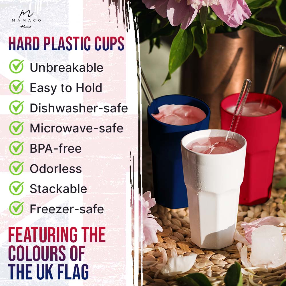 The Mamaco Home Unbreakable USA Flag-Themed Drinking Glasses are available in white, red, and blue. Filled with drinks and surrounded by peonies, theyre unbreakable, easy to hold, dishwasher- and microwave-safe, BPA-free, odorless, stackable, and freezer-safeβperfect for 4th of July celebrations.