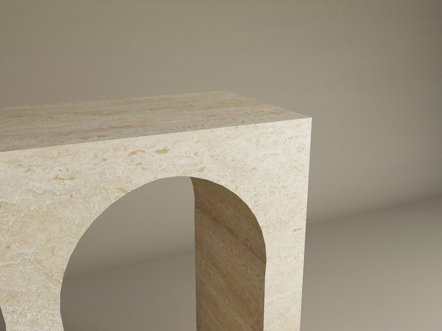 The TRAVERTABLE Travertine Console Table with Two Arches features solid stone in a beige finish, showcasing modern sophistication and architectural simplicity—an elegant, customizable statement piece for any space.