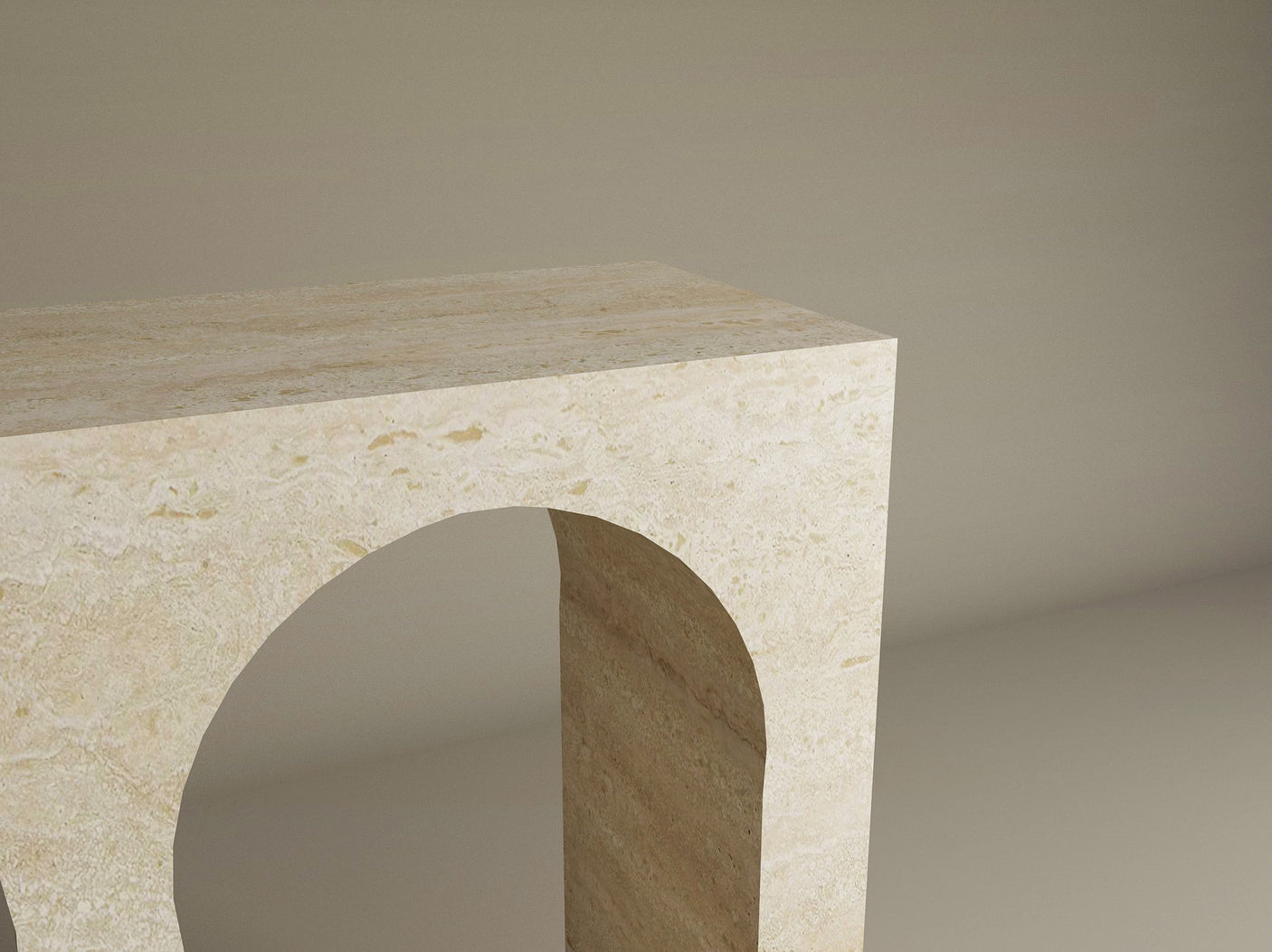 The TRAVERTABLE Travertine Console Table with Two Arches features solid stone in a beige finish, showcasing modern sophistication and architectural simplicity—an elegant, customizable statement piece for any space.