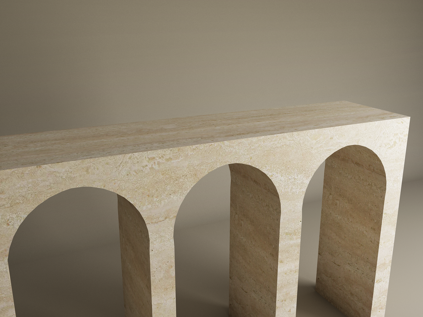 The TRAVERTABLE Travertine Console Table features four elegant arches and refined craftsmanship in beige stone, creating a sculptural statement against a neutral backdrop. This architectural console is fully customizable.