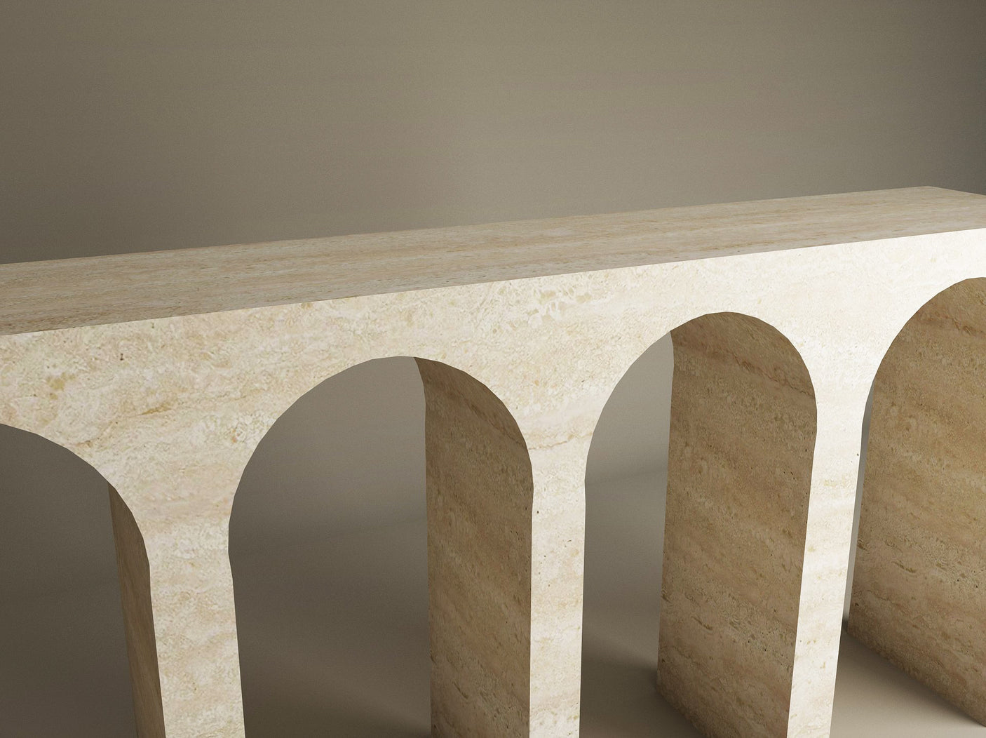 The TRAVERTABLE Travertine Console Table with Five Arches features a flat top and distinctive arched base, offering a grand architectural statement of understated luxury, shown against a plain light brown background.