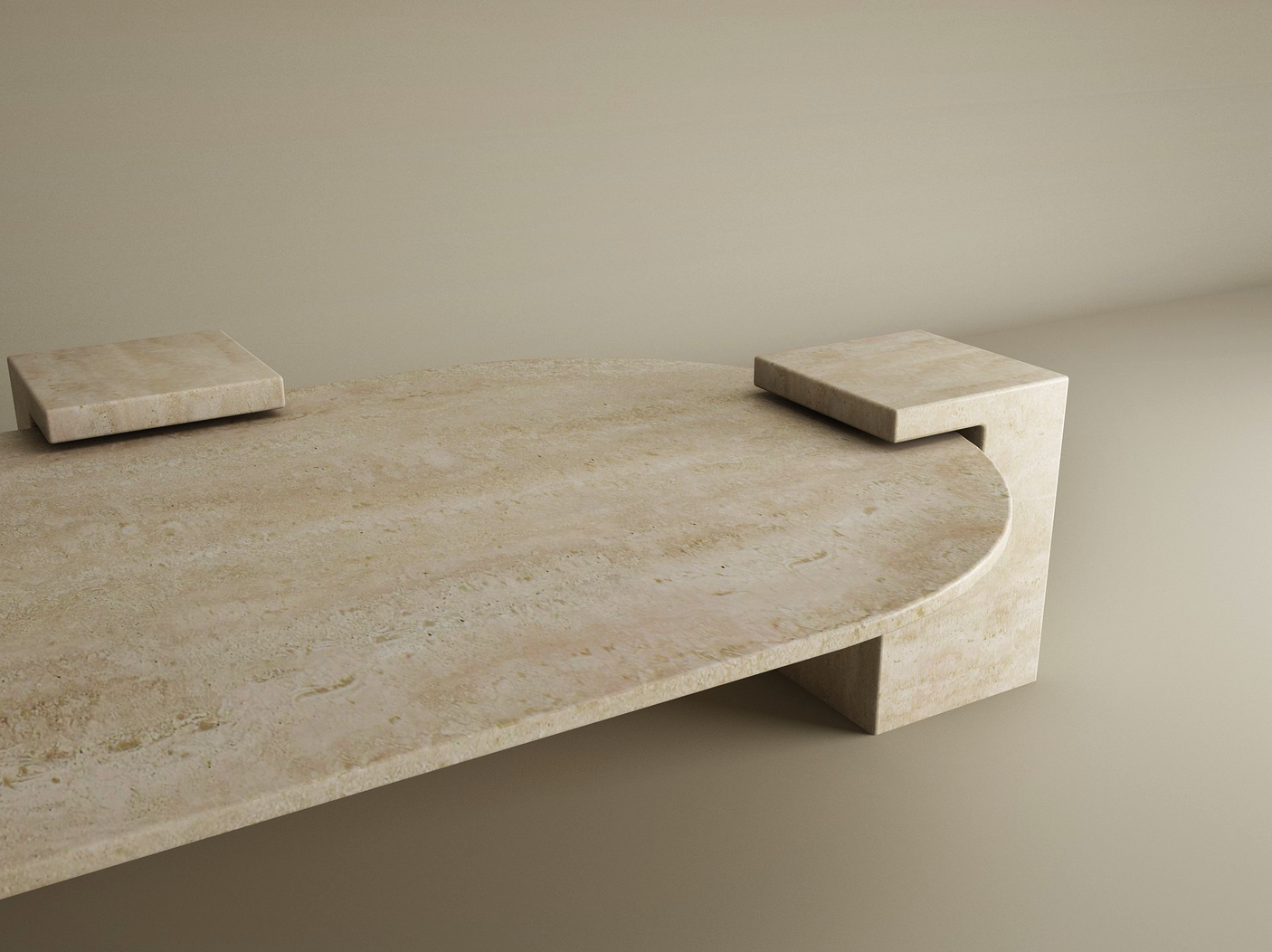 The TRAVERTABLE Oval Travertine Coffee Table with Square Base exudes understated elegance, featuring a smooth oval top, two block supports—one extending through a cutout—and a neutral finish for a modern, naturally warm appeal. Customizable design available.