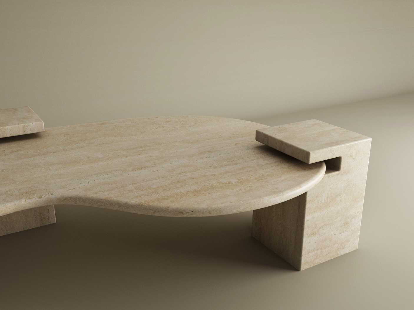 The Wavy Travertine Coffee Table with Square Base by TRAVERTABLE features a modern, sculptural form—an irregular, rounded top and block legs with cutout detail—set against a plain, neutral background. Customizable to suit your space.