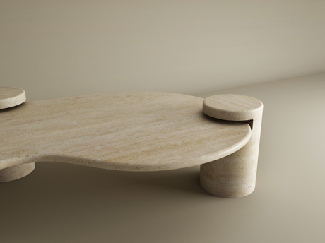 The Wavy Travertine Coffee Table with Cylindrical Base by TRAVERTABLE features sculptural curves, an organic flow, and a smooth travertine surface, shown here in beige against a matching background. Customizable to suit your modern space.