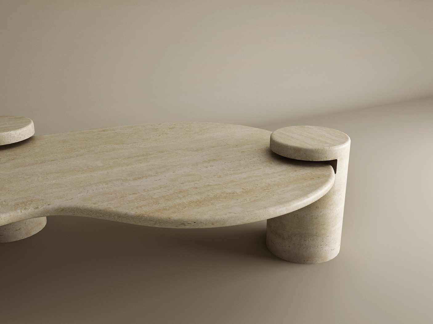 The Wavy Travertine Coffee Table with Cylindrical Base by TRAVERTABLE features sculptural curves, an organic flow, and a smooth travertine surface, shown here in beige against a matching background. Customizable to suit your modern space.
