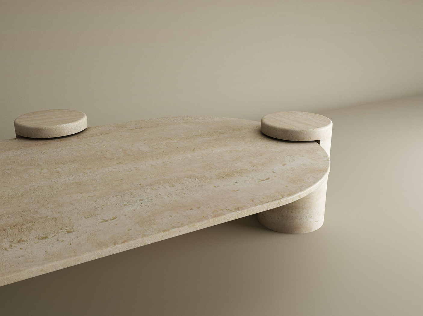 The TRAVERTABLE Oval Travertine Coffee Table with Cylindrical Base features smooth organic lines, a large oval top, and three cylindrical bases. Its natural stone texture and clean design offer modern style. Customizable for your space.