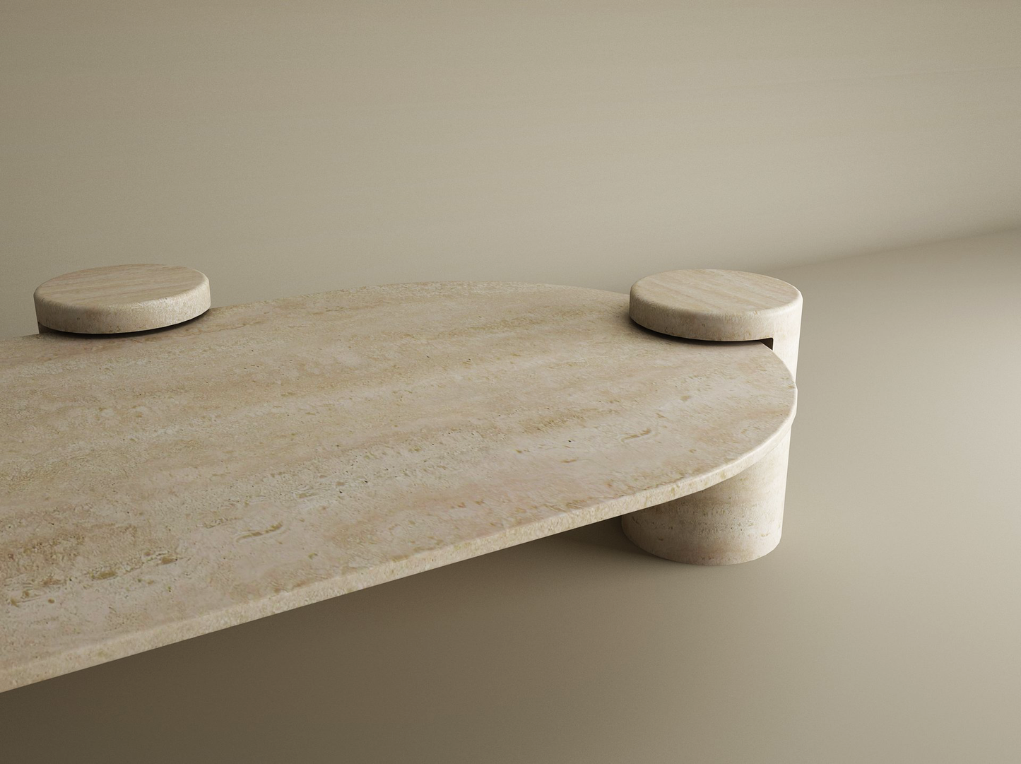 Oval Travertine Coffee Table with Cylindrical Base – Smooth Organic Lines – Customizable