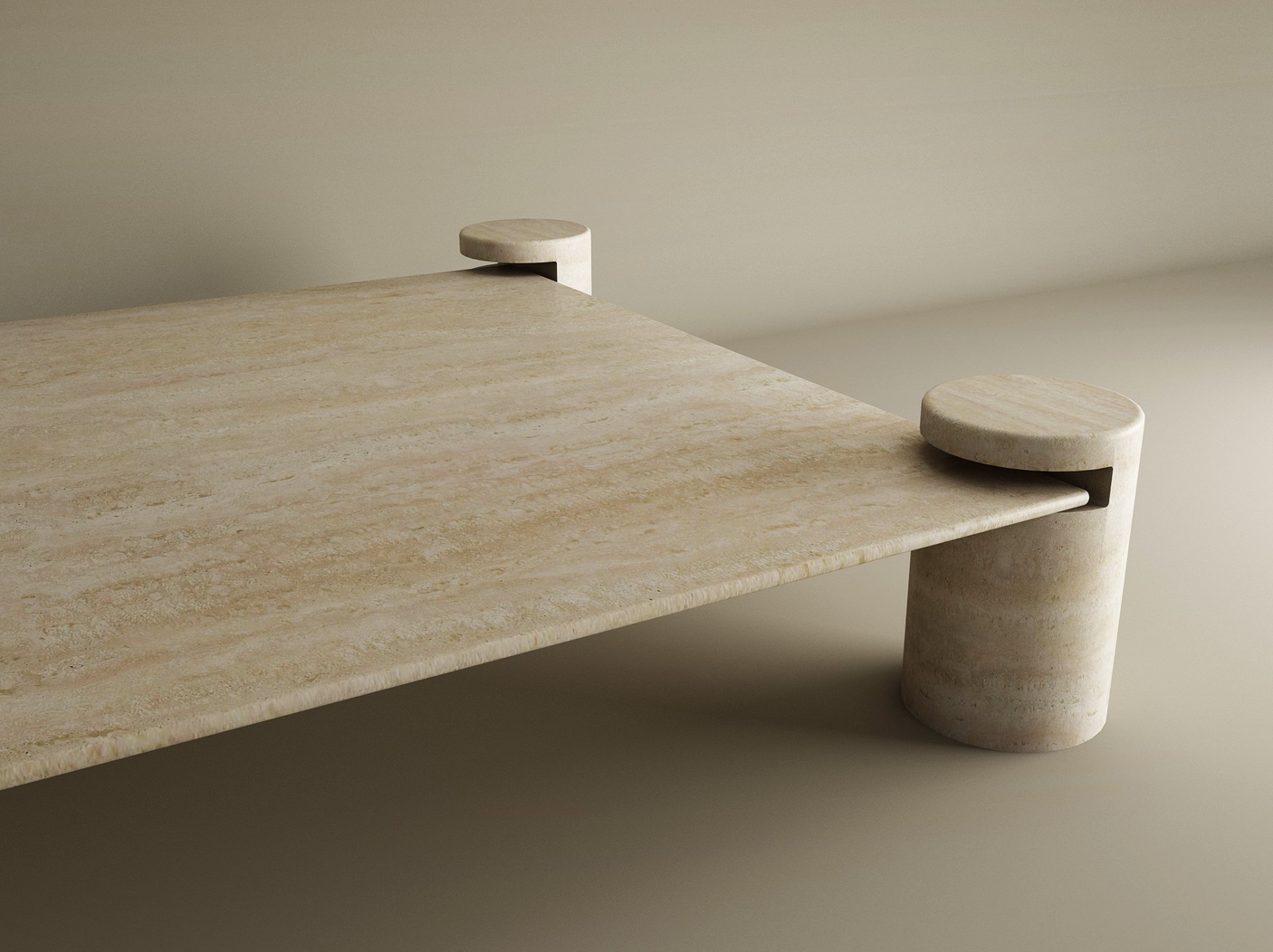 A close-up of the TRAVERTABLE Square Travertine Coffee Table with Cylindrical Legs, featuring a smooth pure travertine stone top and clean lines, set against a softly lit beige background. Customizable design.