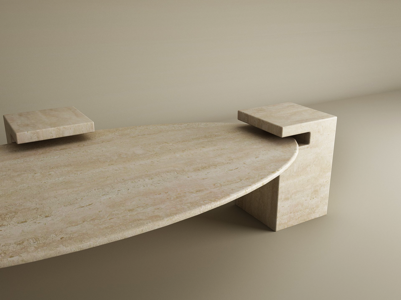 A close-up of the TRAVERTABLE Ellipse Travertine Coffee Table with Square Base in Timeless Travertine shows its oval stone top and chunky legs in a beige, marble-like finish. A plain light background highlights its modern, sculptural, and customizable design.