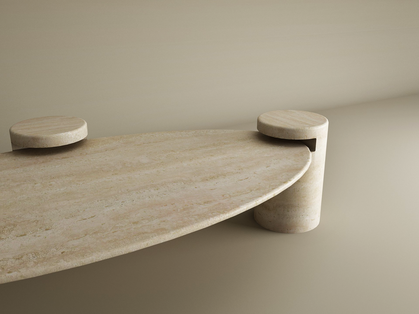 The Ellipse Travertine Coffee Table with Cylindrical Base by TRAVERTABLE features a smooth, oval top and two cylindrical supports; one leg merges through a tabletop cutout. Its soft, organic form is customizable and photographed against a neutral background.