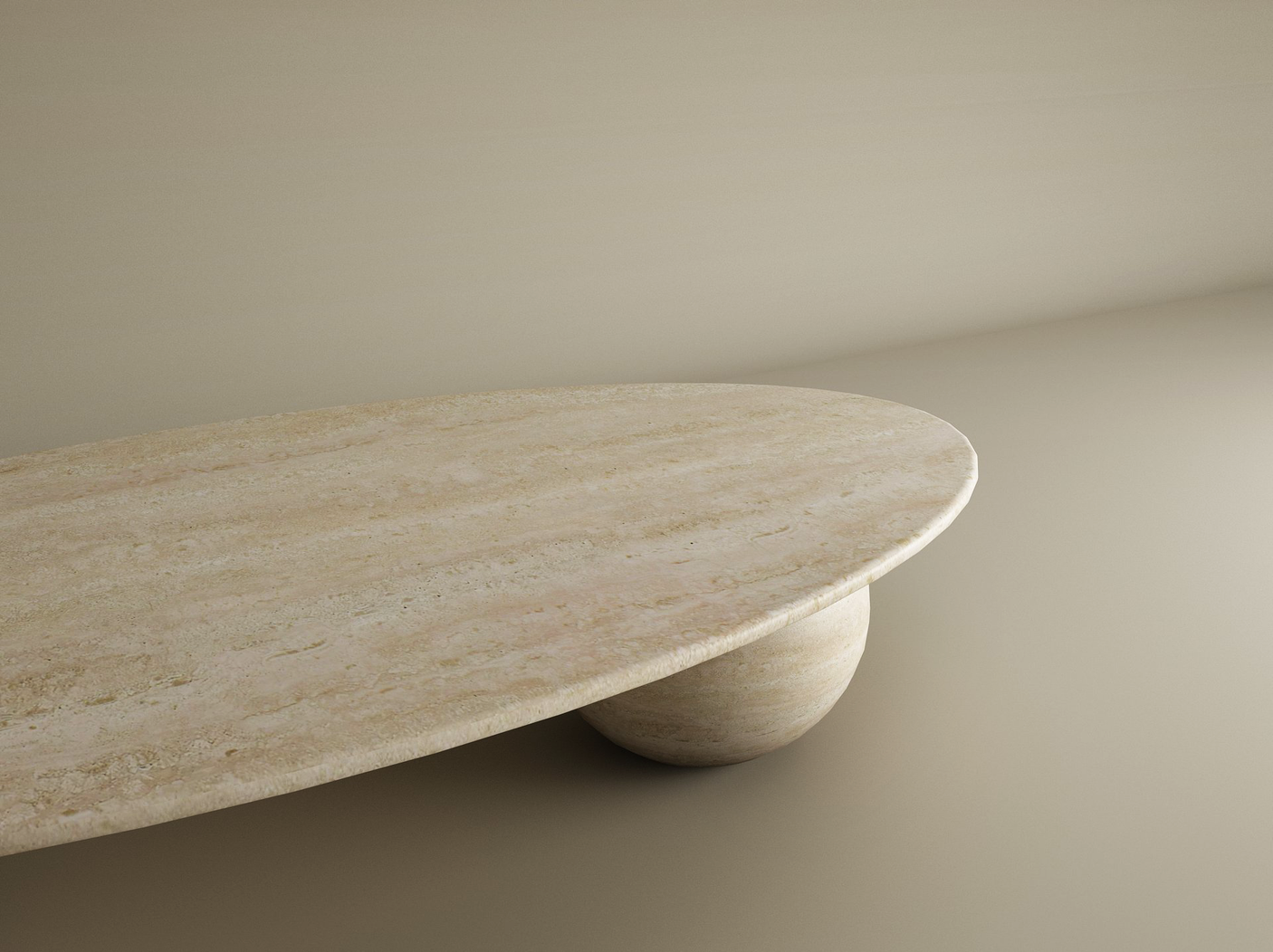 A softly lit beige background sets off the TRAVERTABLE Ellipse Travertine Coffee Table with Stone Ball Base—its smooth, sculptural stone form commands the minimalist scene, radiating organic energy amid open space. Customizable for your style.