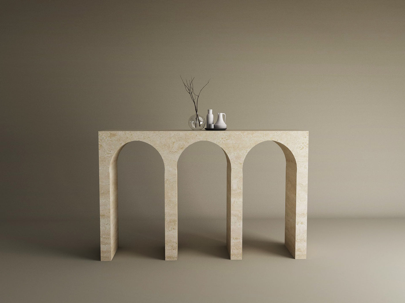 Travertine Console Table with Three Arches – Contemporary Organic Form