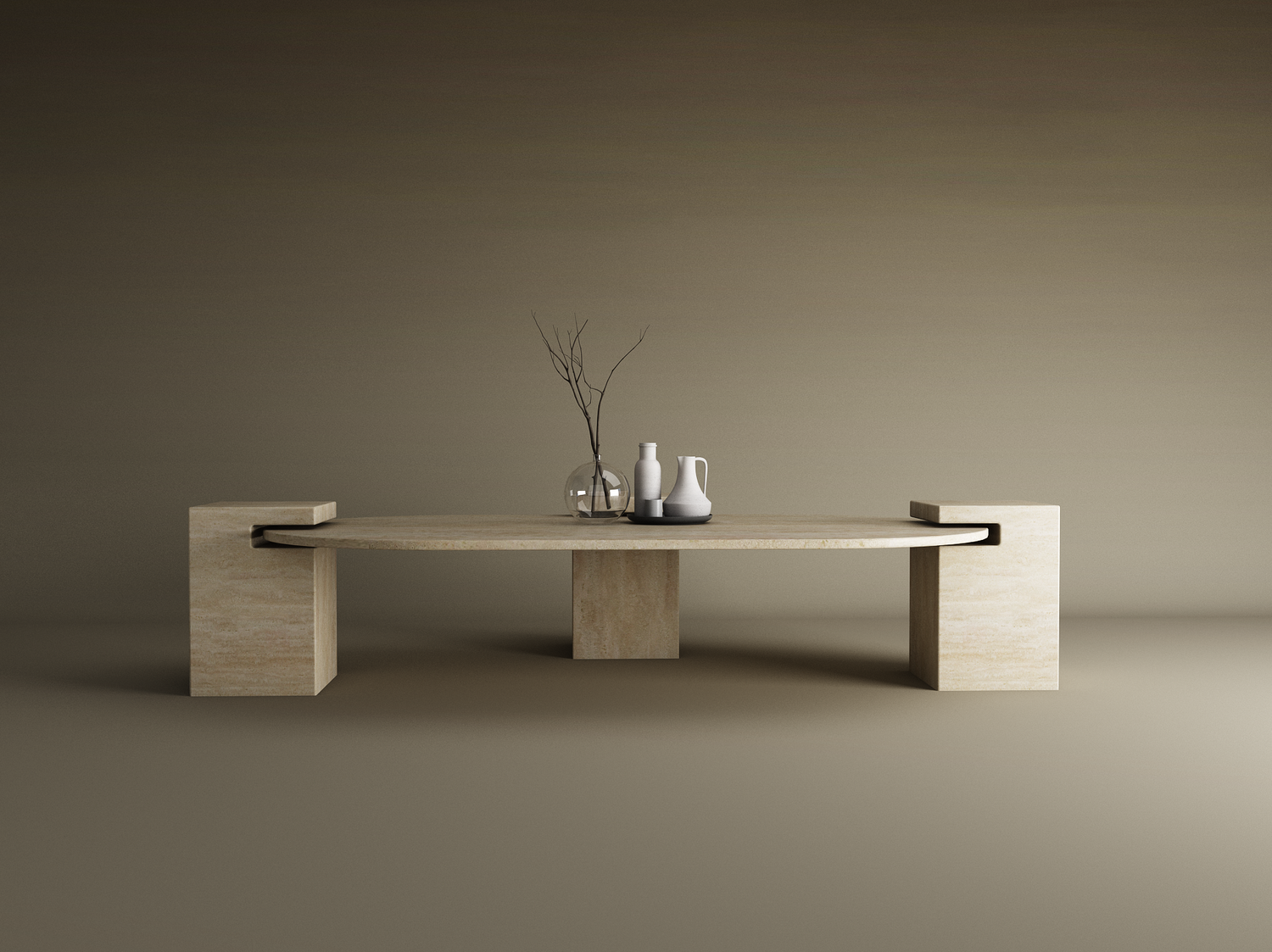 The TRAVERTABLE Oval Travertine Coffee Table with Square Base exudes understated elegance, featuring a minimalist beige stone design. Styled with a glass vase and ceramic pitchers, it sits against a warm neutral beige and brown backdrop. Customizable to fit your space.