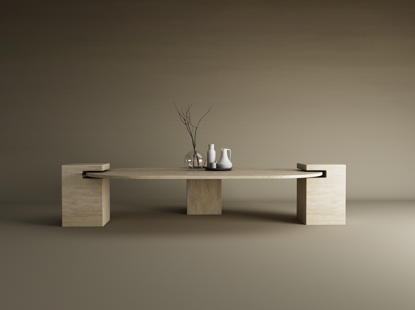 The TRAVERTABLE Oval Travertine Coffee Table with Square Base exudes understated elegance, featuring a minimalist beige stone design. Styled with a glass vase and ceramic pitchers, it sits against a warm neutral beige and brown backdrop. Customizable to fit your space.