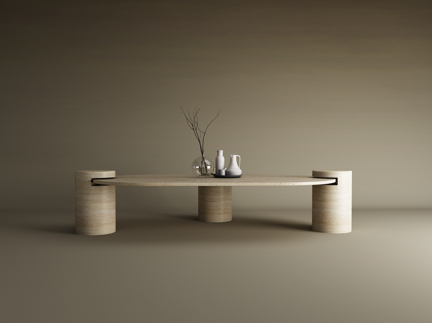 The TRAVERTABLE Oval Travertine Coffee Table features smooth organic lines and a cylindrical base in a customizable design. Two white pitchers and a glass vase with bare branches enhance its modern elegance against a beige gradient background.