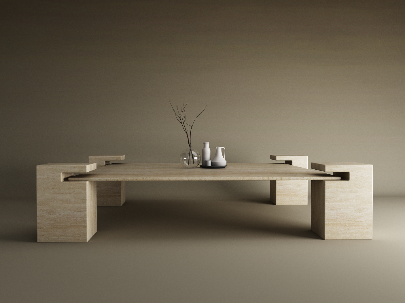 The TRAVERTABLE Square Travertine Coffee Table with Square Base anchors a neutral room, its minimalist solid travertine design accented by two vases—clear and white—and a white pitcher on a dark plate for a modern, stylish centerpiece.