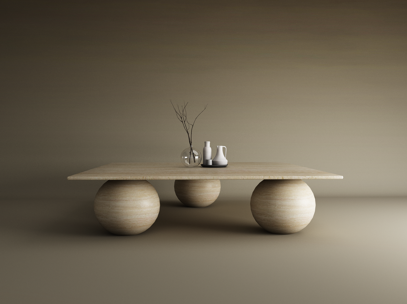 The Square Travertine Coffee Table with Stone Ball Base by TRAVERTABLE features a sculptural, minimalist travertine top and rounded base. Modern and organic, it’s styled here with a clear vase of branches, white pitcher, and small white cup. Customizable for your space.