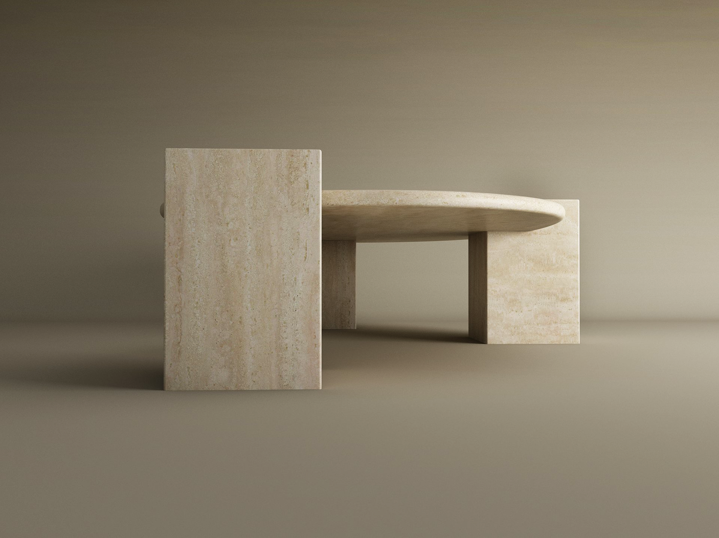 The Wavy Travertine Coffee Table with Square Base by TRAVERTABLE features a modern, customizable design in light beige stone. Its textured surface and minimalist form create sculptural beauty, perfect for contemporary interiors.