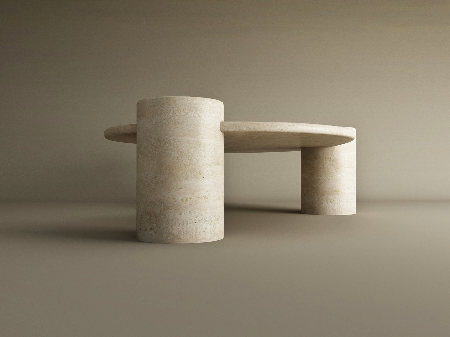 The Wavy Travertine Coffee Table with Cylindrical Base by TRAVERTABLE features a smooth, curved rectangular top and thick cylindrical legs in beige, emphasizing modern organic form. Customizable design highlights clean lines and sculptural curves.