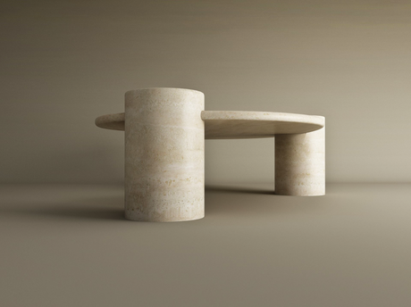 The Wavy Travertine Coffee Table with Cylindrical Base by TRAVERTABLE features a smooth, curved rectangular top and thick cylindrical legs in beige, emphasizing modern organic form. Customizable design highlights clean lines and sculptural curves.
