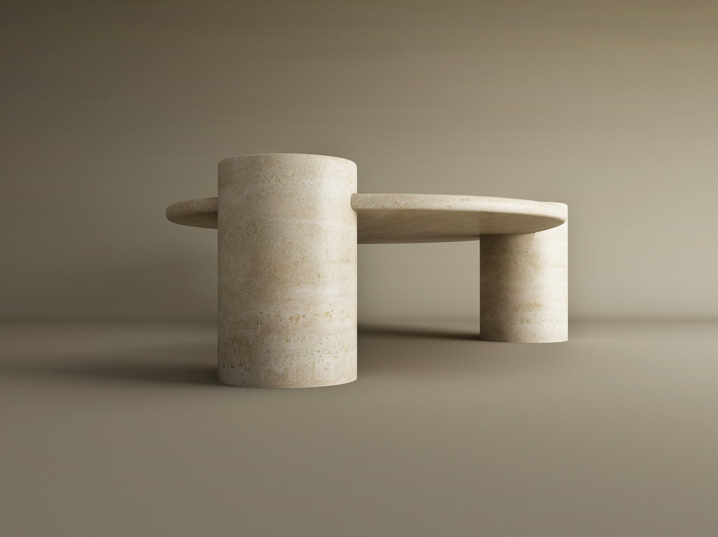 The Wavy Travertine Coffee Table with Cylindrical Base by TRAVERTABLE features a smooth, curved rectangular top and thick cylindrical legs in beige, emphasizing modern organic form. Customizable design highlights clean lines and sculptural curves.