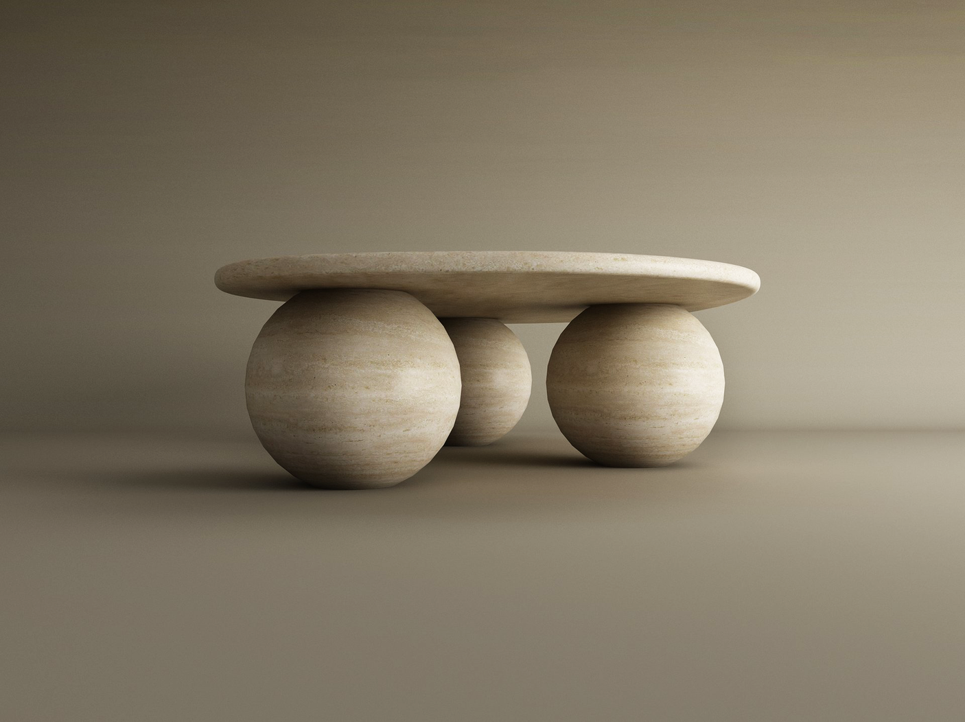 The Wavy Travertine Coffee Table by TRAVERTABLE features a smooth, round top and three large stone ball bases in warm beige tones. This modern, customizable piece resembles an organic sculpture, blending seamlessly with neutral interiors.