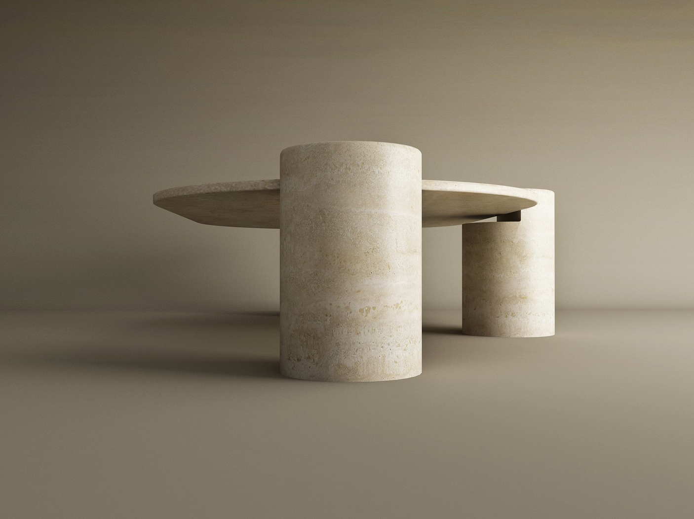 The TRAVERTABLE Oval Travertine Coffee Table features smooth organic lines, an oval top, and two thick cylindrical bases. Its minimalist design highlights the natural stone texture and is customizable to your taste. Set against a neutral background.