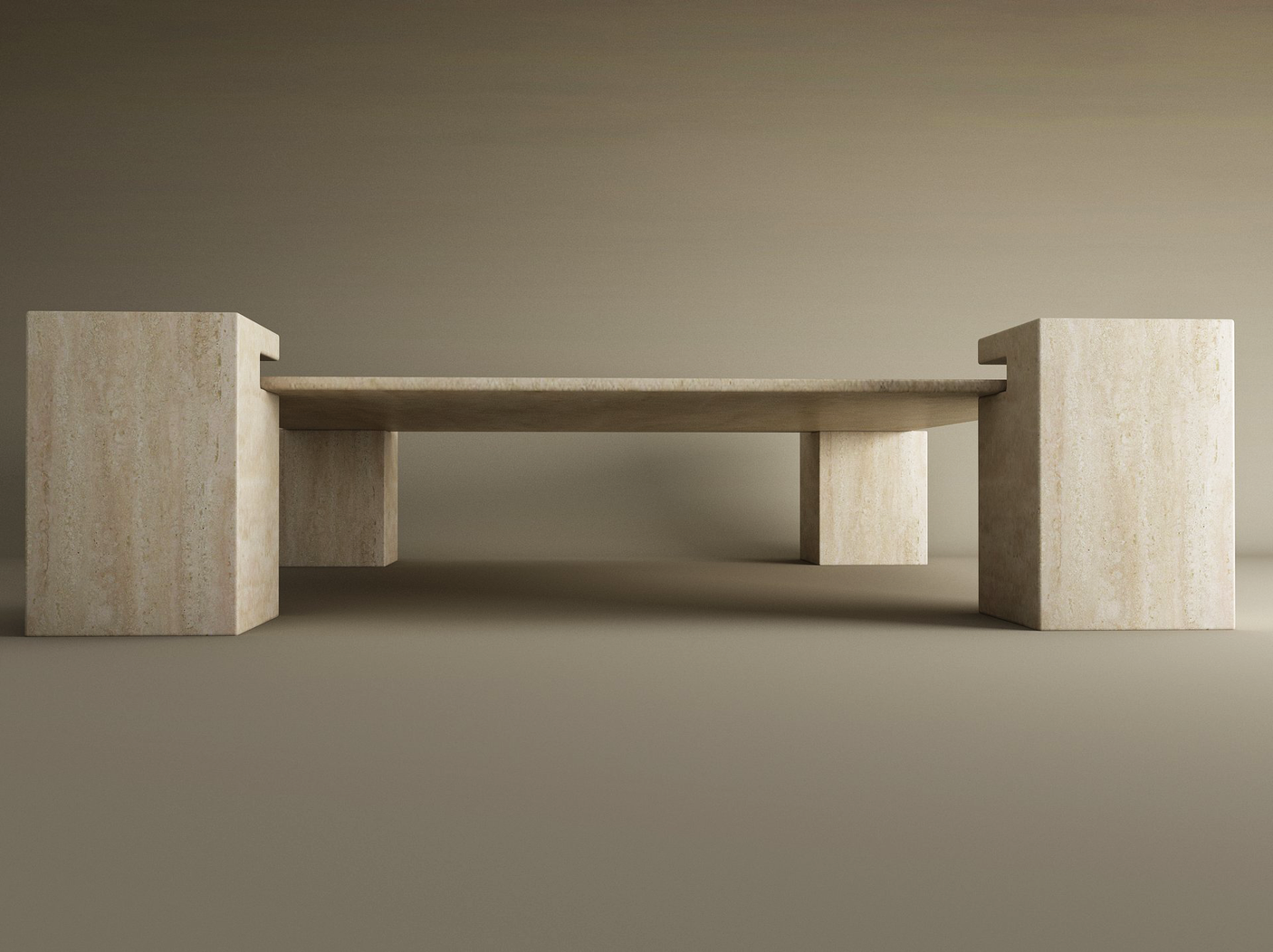 The TRAVERTABLE Square Travertine Coffee Table features a solid travertine top and square base, offering customizable minimalist elegance with clean lines—perfect for a modern living space.