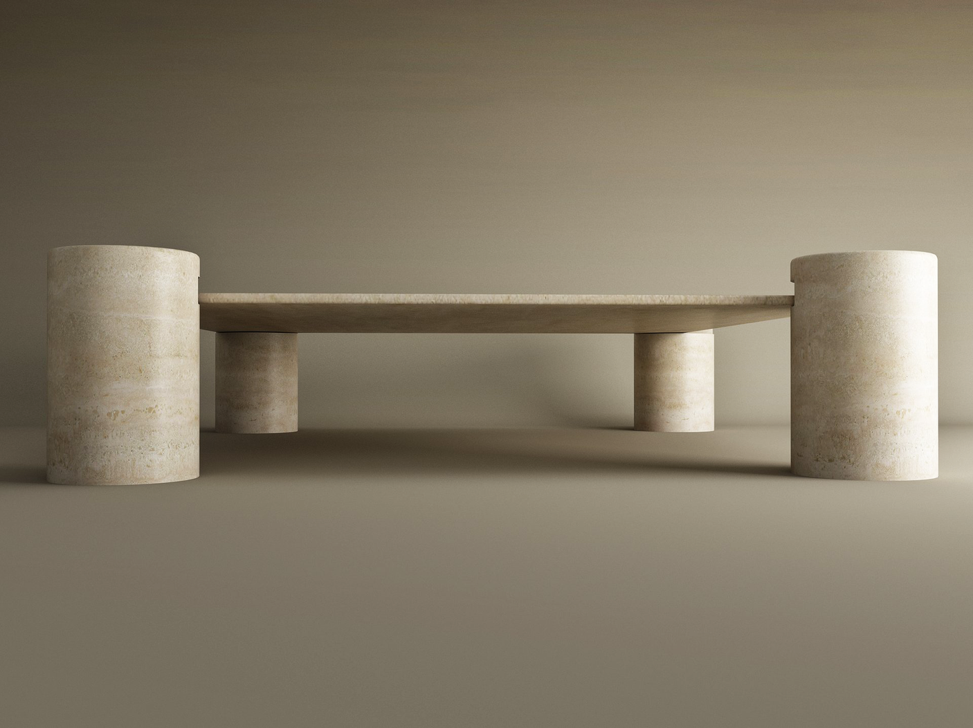 The TRAVERTABLE Square Travertine Coffee Table features a flat rectangular top and four thick cylindrical legs, crafted from pure travertine stone. Its solid, minimalist design exudes modern elegance and can be customized to suit your space.