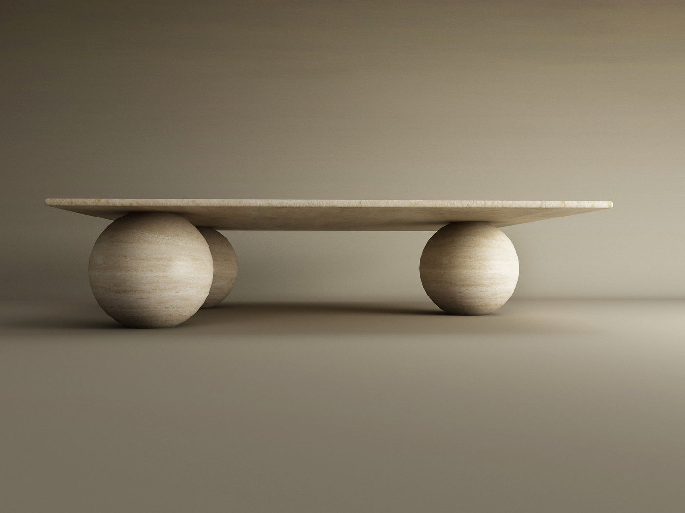 The TRAVERTABLE Square Travertine Coffee Table features a sculptural stone ball base and subtle horizontal striations, blending minimalist design with organic appeal. Customizable for your space.