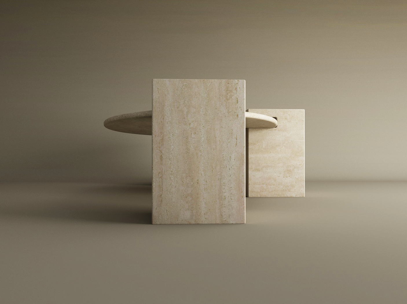 The Ellipse Travertine Coffee Table with Square Base by TRAVERTABLE features a smooth stone top and sturdy bases, creating a modern, timeless look that stands out against a matching beige background. Customizable for your space.