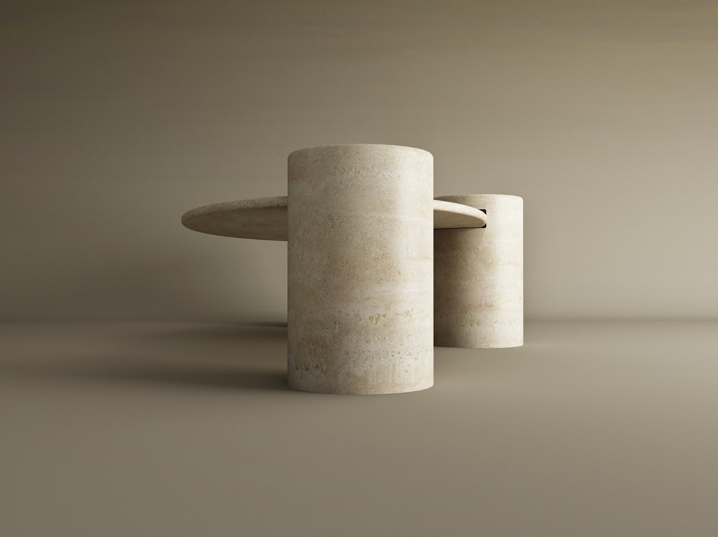 The TRAVERTABLE Ellipse Travertine Coffee Table features a customizable, sculptural organic form with two thick cylindrical bases and a matching stone top, set against a neutral beige background for a modern minimalist look.