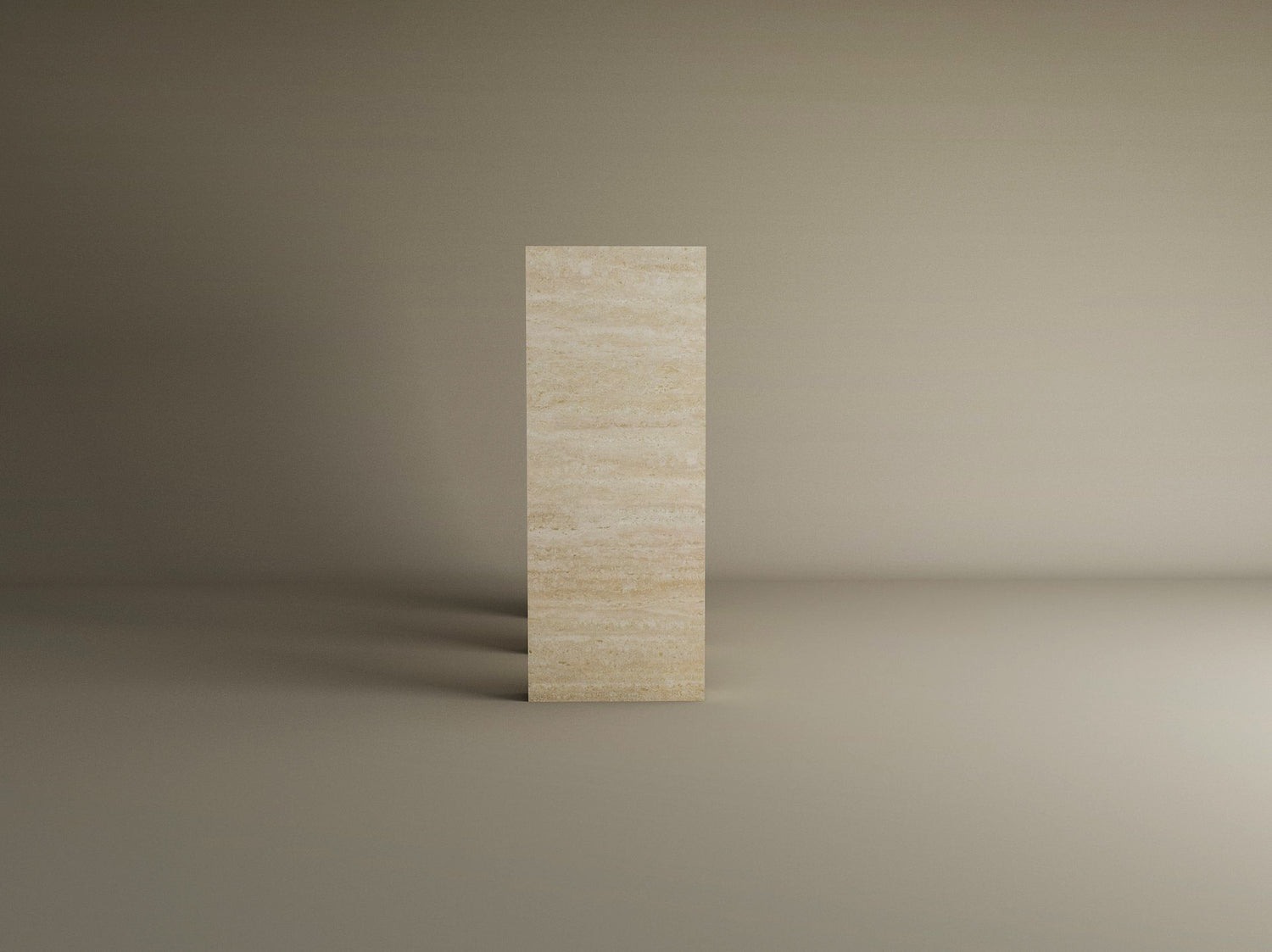 The TRAVERTABLE Travertine Console Table with Two Arches—a solid stone, customizable piece—stands upright on a smooth surface, showcasing modern sophistication against a gradient tan background with soft shadows.