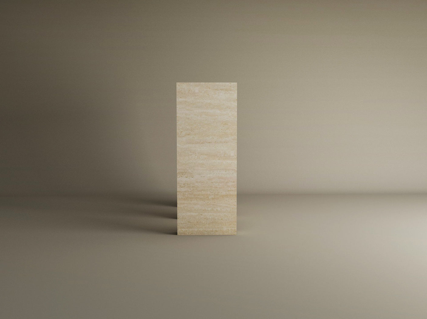 The TRAVERTABLE Travertine Console Table with Two Arches—a solid stone, customizable piece—stands upright on a smooth surface, showcasing modern sophistication against a gradient tan background with soft shadows.