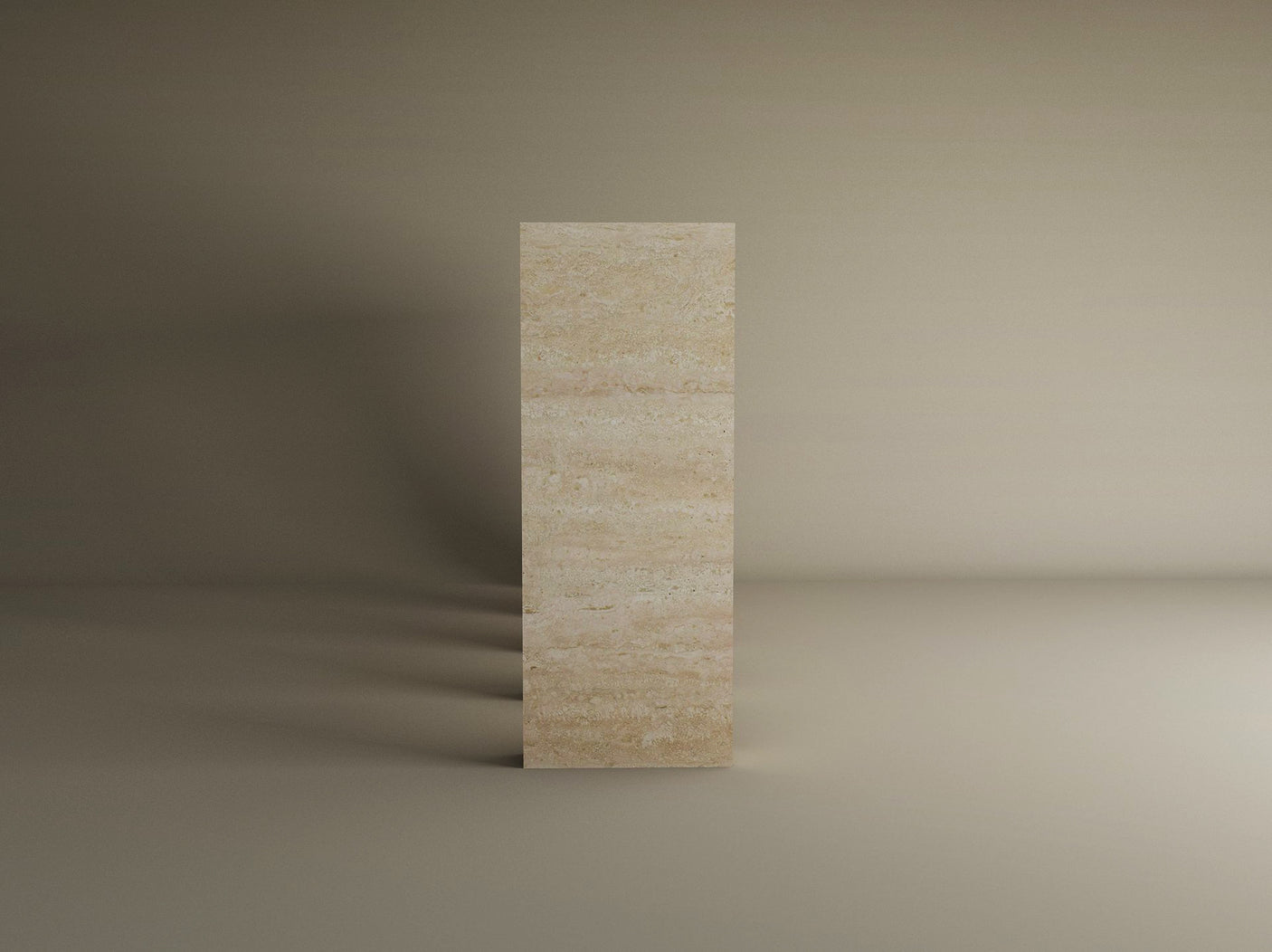A travertine console table with four arches by TRAVERTABLE stands upright in a neutral-toned room, its beige stone surface showcasing refined craftsmanship as soft shadows fall to the left.