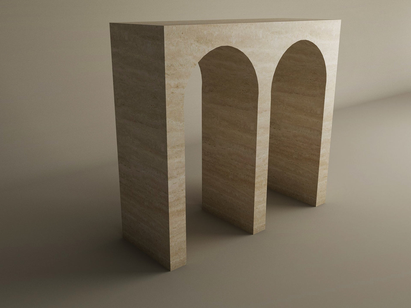 The TRAVERTABLE Travertine Console Table with Two Arches is a solid stone, customizable piece in beige, featuring two large arched openings. Its architectural simplicity stands out against a neutral background.