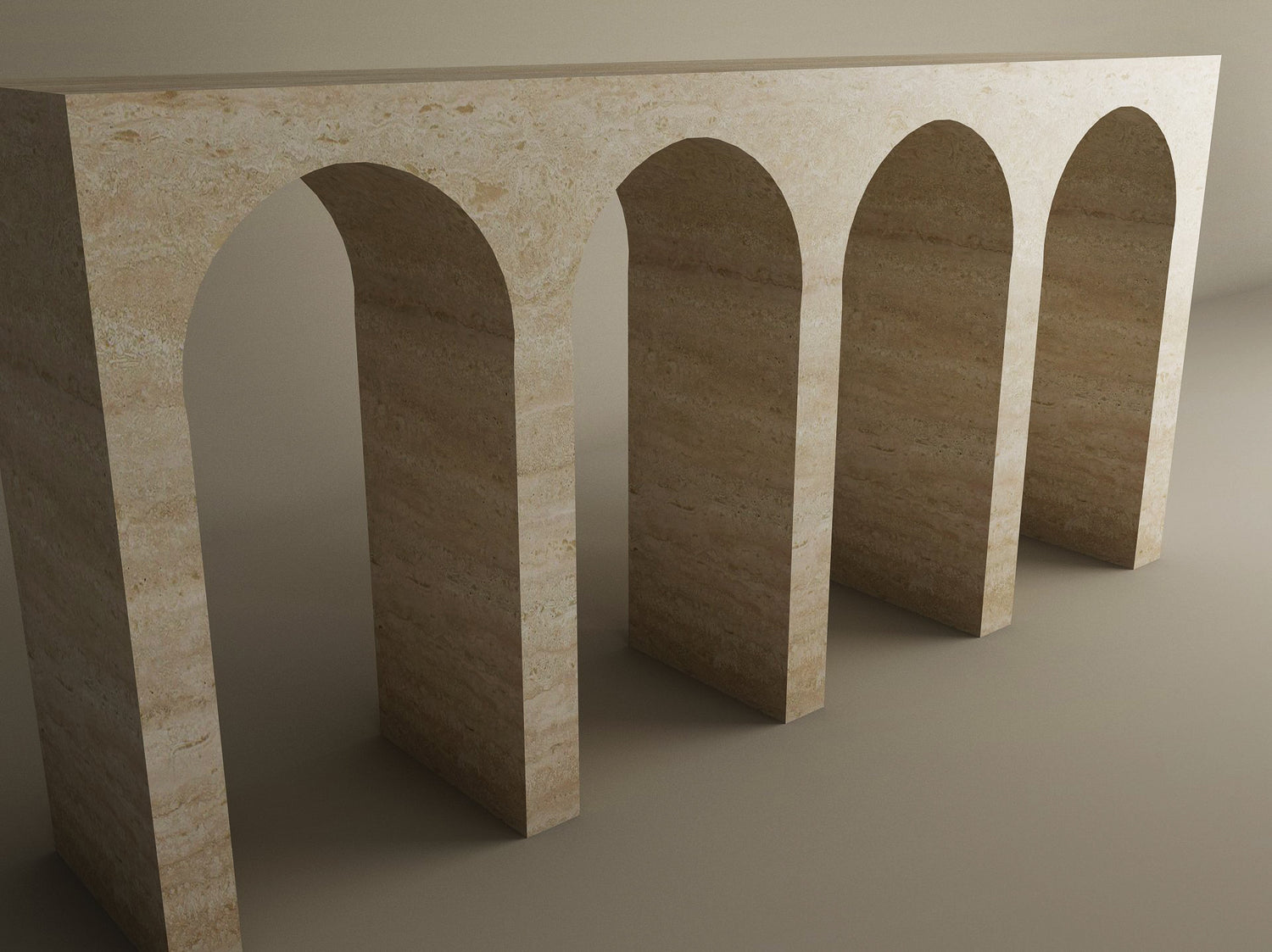The Travertine Console Table with Four Arches by TRAVERTABLE showcases sculptural elegance, its refined stone craftsmanship and evenly spaced arches highlighted by minimal lighting and a smooth backdrop. Customizable and architectural in design.