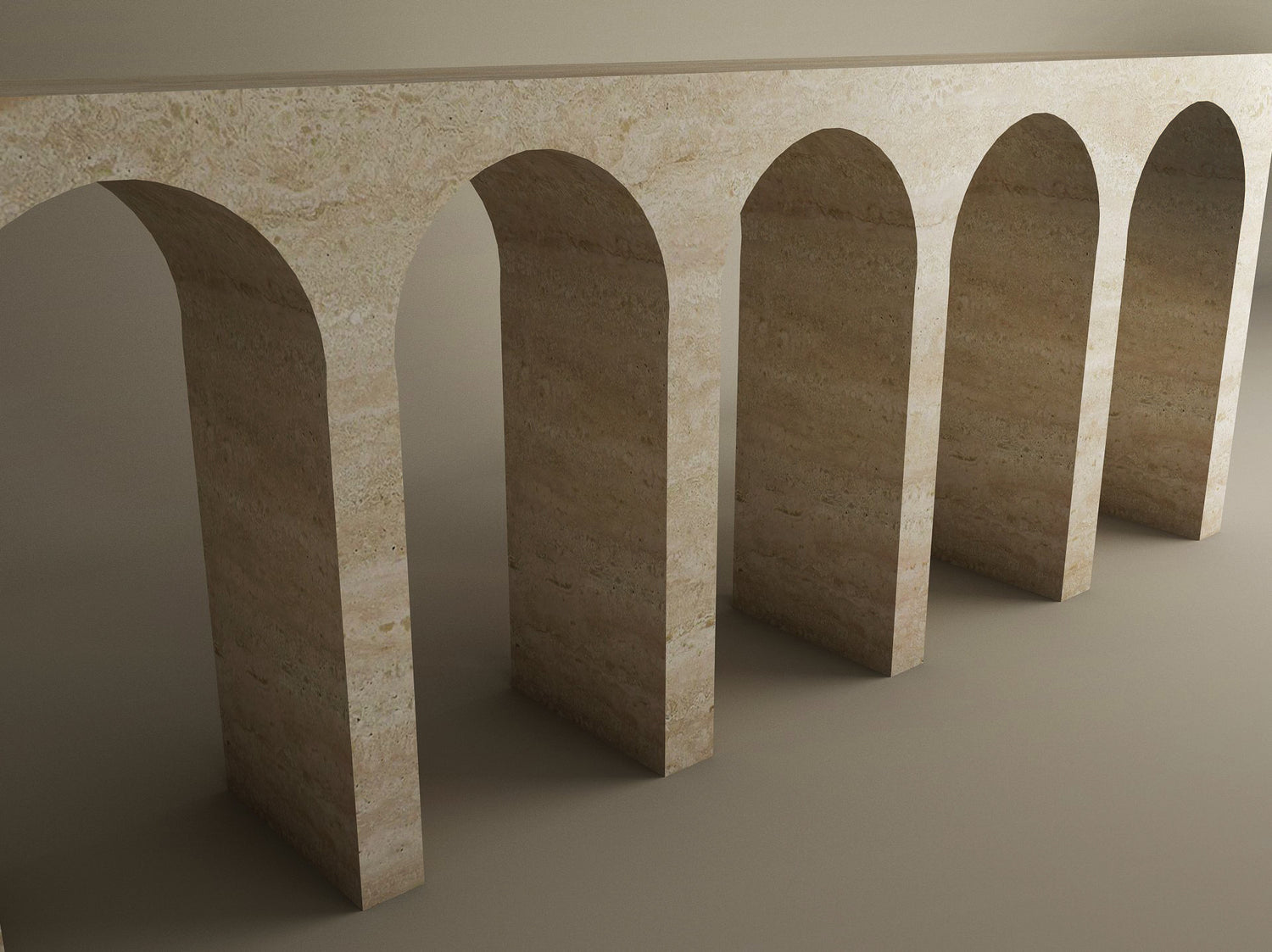 The TRAVERTABLE Travertine Console Table features five evenly spaced beige stone arches, casting elegant shadows against a plain background—a customizable piece that makes a grand architectural statement.