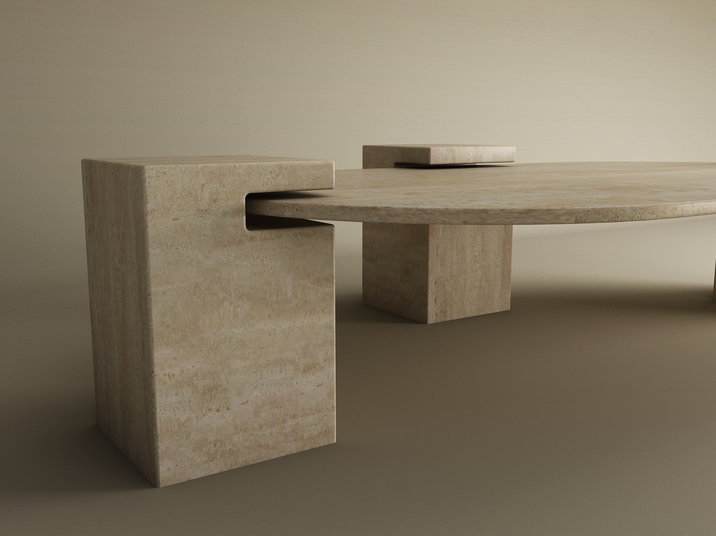 The TRAVERTABLE Oval Travertine Coffee Table with Square Base features a smooth oval top, natural beige tones, and cutout corners for a sculptural look—blending understated elegance with customizable design.
