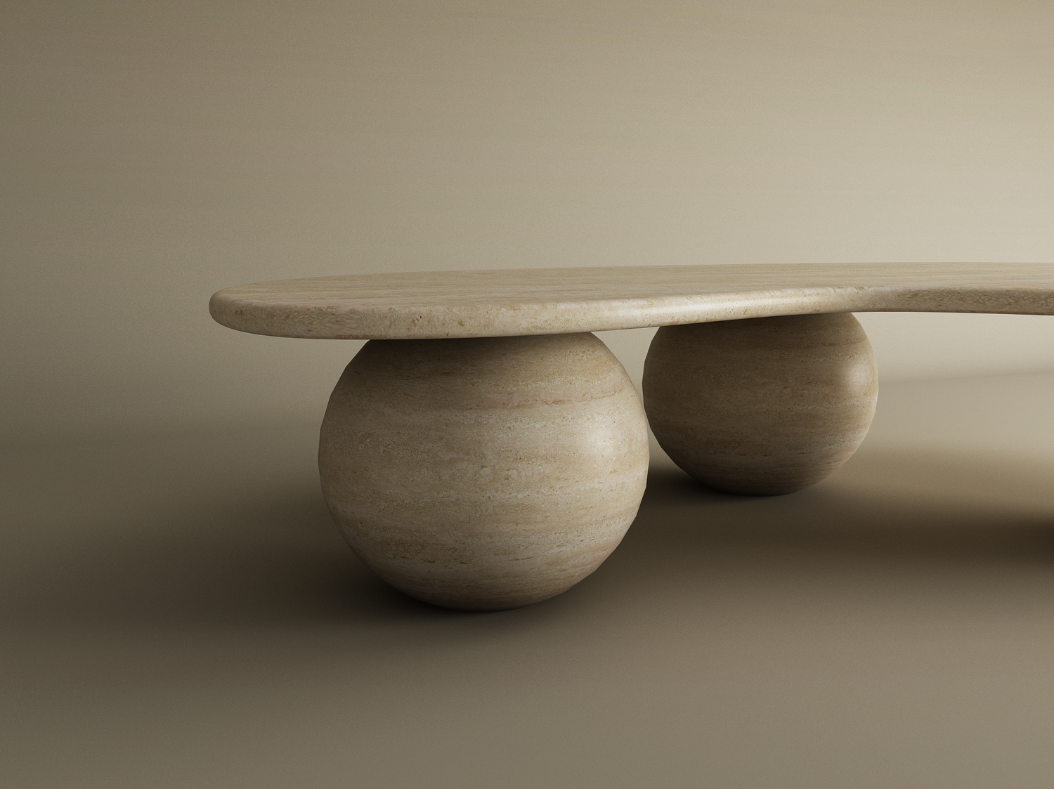 The Wavy Travertine Coffee Table with Stone Ball Base by TRAVERTABLE features a rounded rectangular beige top resting on smooth stone spheres, showcasing an organic, sculptural design in minimalist tones. Customizable for your space.